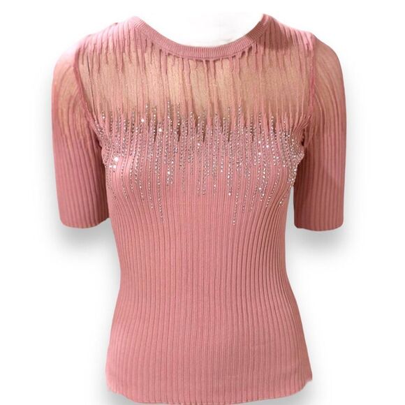NEW Pink Glam Short Sleeve Waterfall Mesh Diamond Illusion Top - Picture 3 of 3